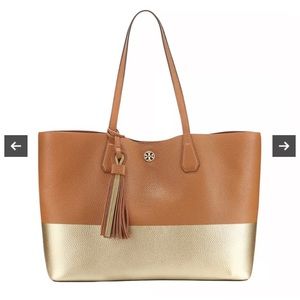 NWT Tory Burch Brown Leather and Gold Pebbled Tote with Tassel
